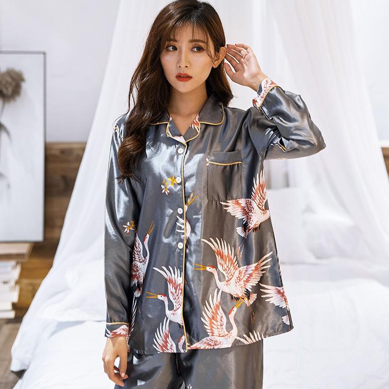 OVERSIZE Couples Print Pajamas Suit Shirt Pants Silky 2PCS Sleep Set Kimono Bathrobe Gown Casual Bridal Wedding Gift Nightwear