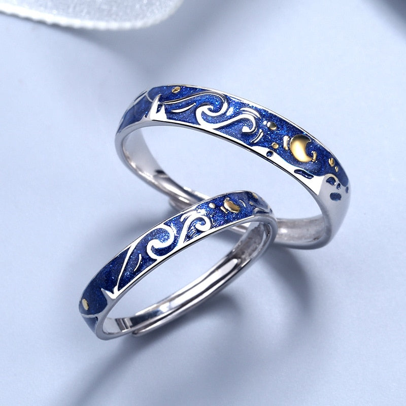 925 Sterling Silver Van Gogh Starry Sky Open Couple Ring For Women, Men Romance Student Birthday Gift Premium Enamel Jewelry