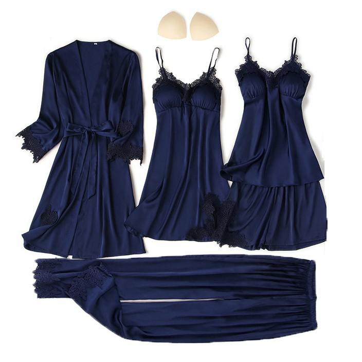 Satin Women Robe Set Sexy Nightdress Sleepwear Kimono Gown Lace PAJAMAS Intimate Lingerie Hollow Out Nighty&amp;Robe Suit