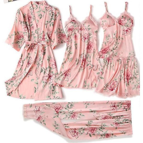 Satin Women Robe Set Sexy Nightdress Sleepwear Kimono Gown Lace PAJAMAS Intimate Lingerie Hollow Out Nighty&amp;Robe Suit