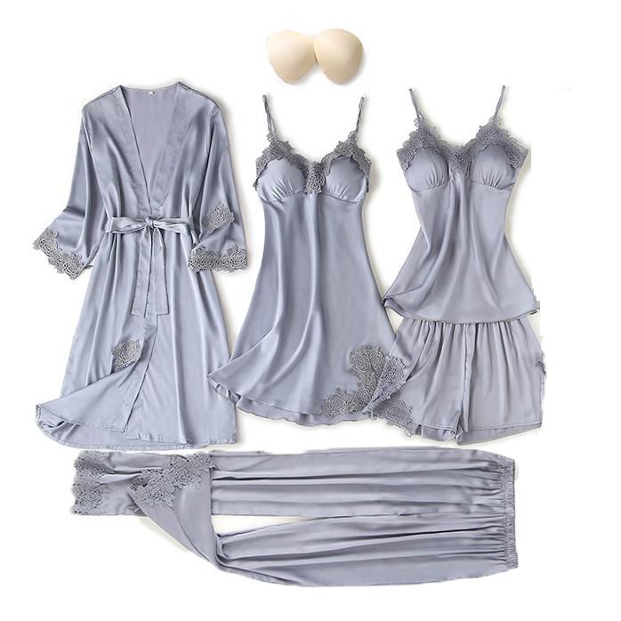 Satin Women Robe Set Sexy Nightdress Sleepwear Kimono Gown Lace PAJAMAS Intimate Lingerie Hollow Out Nighty&amp;Robe Suit