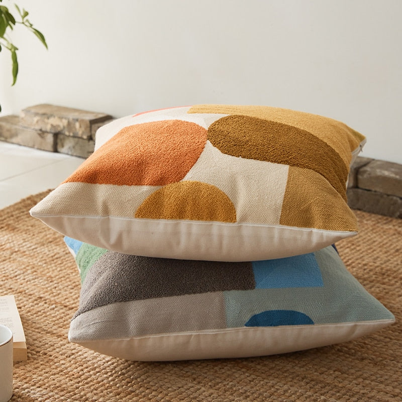 Cushion Cover 45x45cm Cotton Thread Embroidery Home Decorative Throw Abstract Color Block Pillow Cover Art Decor