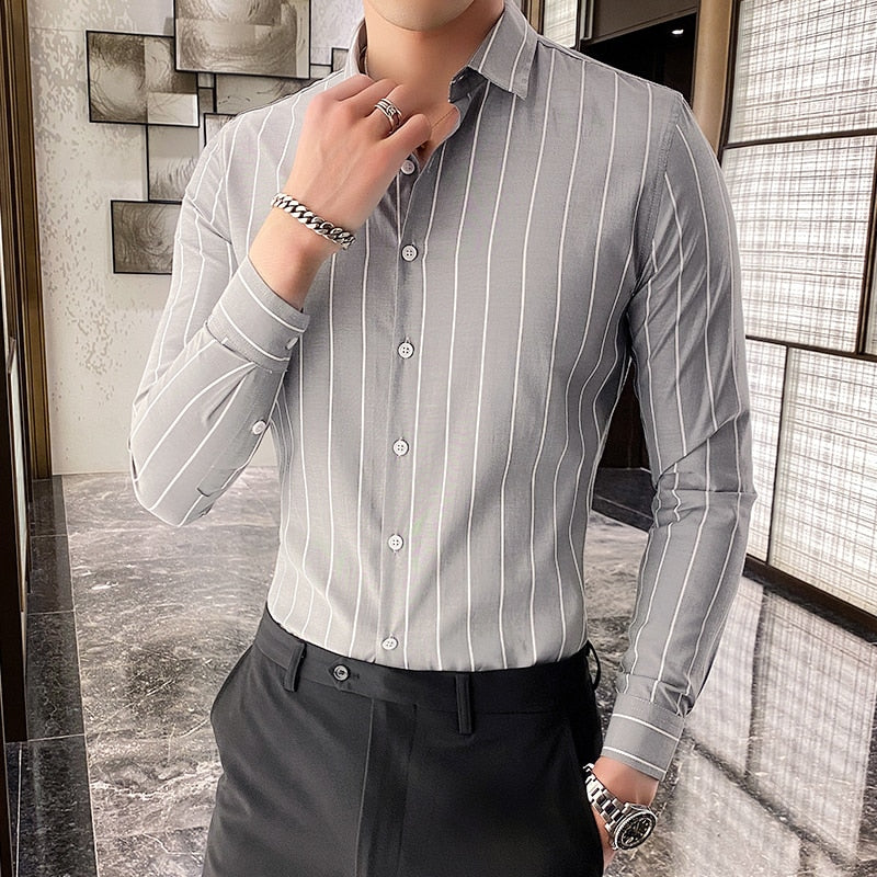 Korea Style Handsome Fashion Shirts Button Down Slim Fit Long Sleeve Striped Shirts