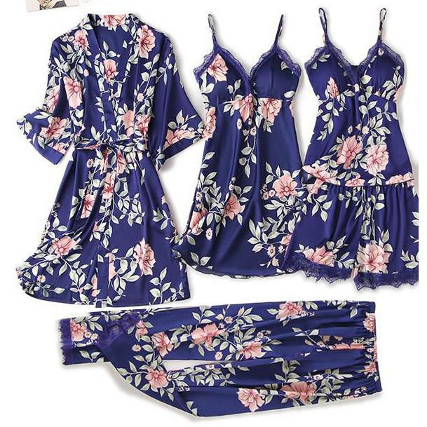 Satin Women Robe Set Sexy Nightdress Sleepwear Kimono Gown Lace PAJAMAS Intimate Lingerie Hollow Out Nighty&amp;Robe Suit