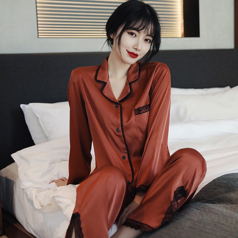 Lace 2PCS Sleepwear  Satin Pajamas Suit Summer Pajamas Casual Intimate Lingerie Long Sleeve Shirt Pants Lounge Wear