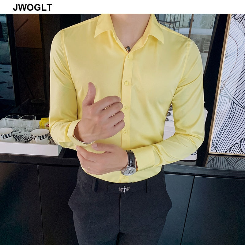 Shirt Long Sleeve Slim Fit Yellow Green White Casual Social Shirts