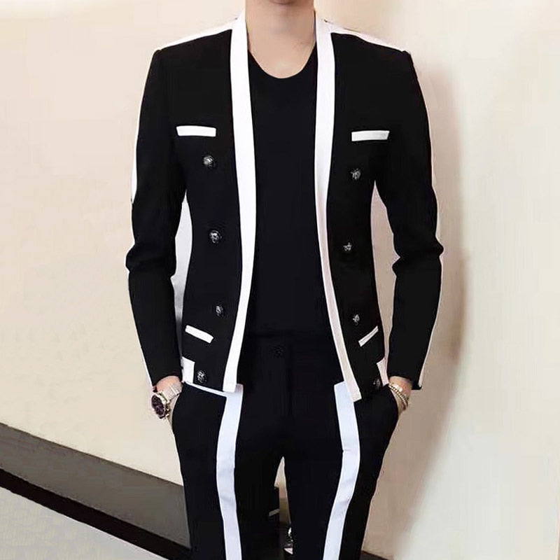 Contrast Stripe Black White Suit Wedding Suit Disguised Slim Fit Stage Outfit  Party Suit