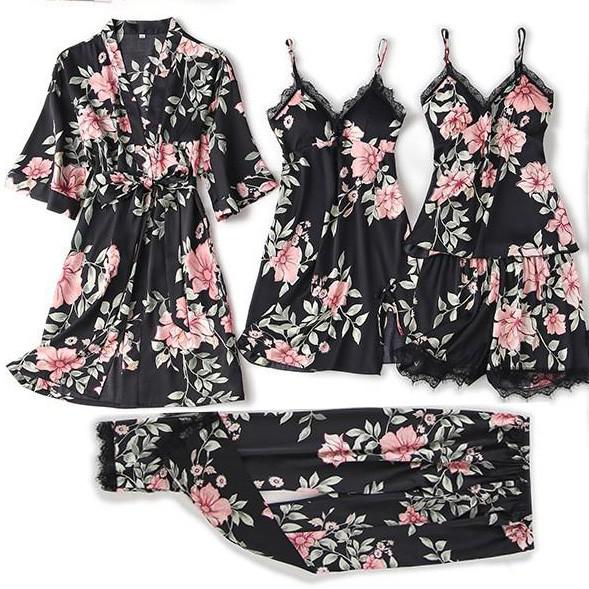 Satin Women Robe Set Sexy Nightdress Sleepwear Kimono Gown Lace PAJAMAS Intimate Lingerie Hollow Out Nighty&amp;Robe Suit