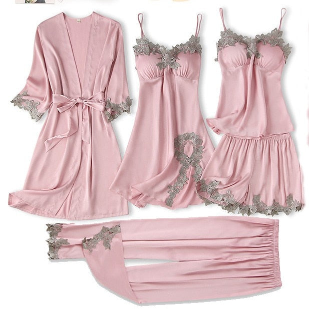 Satin Women Robe Set Sexy Nightdress Sleepwear Kimono Gown Lace PAJAMAS Intimate Lingerie Hollow Out Nighty&amp;Robe Suit