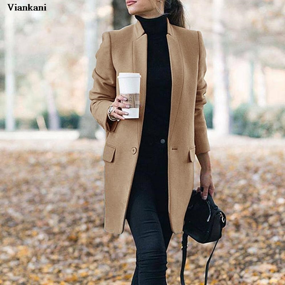 Women Trench Long Coat  Autumn Winter Lapel Long Sleeve Coats Office Ladies Solid Slim Overcoat Outwear Abrigo Mujer