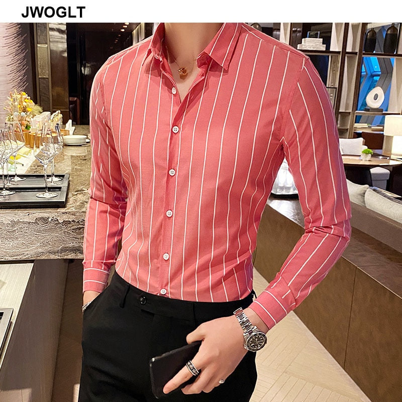 Korea Style Handsome Fashion Shirts Button Down Slim Fit Long Sleeve Striped Shirts