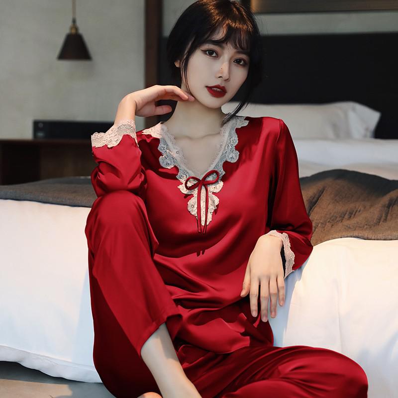 Lace 2PCS Sleepwear  Satin Pajamas Suit Summer Pajamas Casual Intimate Lingerie Long Sleeve Shirt Pants Lounge Wear