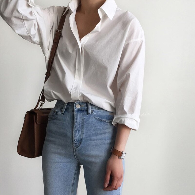 BGTEEVER  White Shirts Blouses  Turn-down Collar Single-Breasted Long Sleeve Shirts / Tops