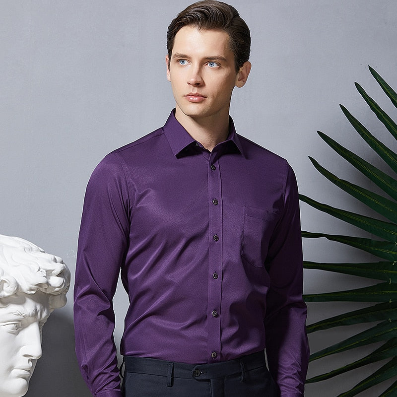 Shirts Long Sleeve Purple Formal shirts Slim Fit Business Stretch Anti-wrinkle Professional Tooling