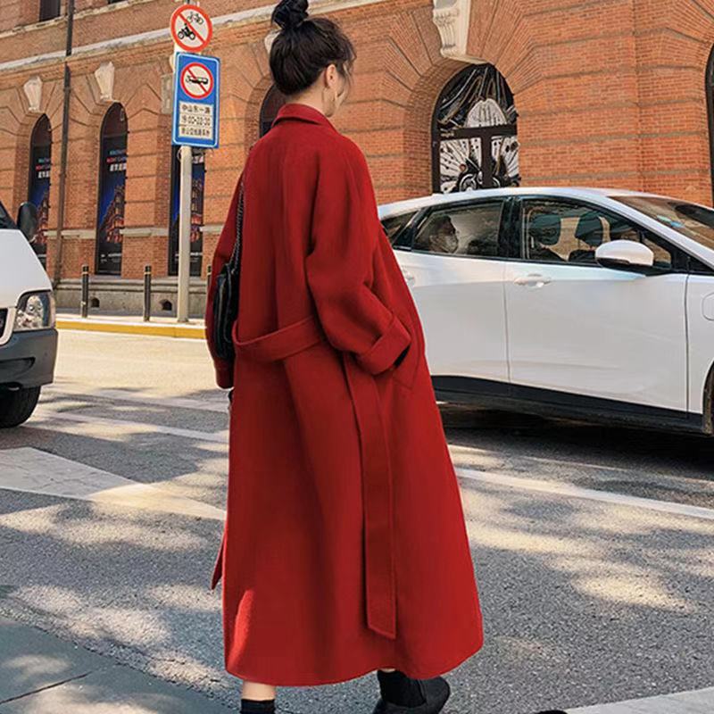 Women's Loose Long Wool Coat Jacket Belt Woolen Overcoat Split Hem Cardigan Outerwear