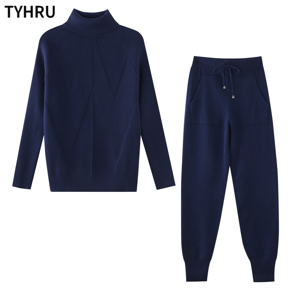 TYHRU Autumn Winter Women&#39;s tracksuit Solid Color Striped Turtleneck Sweater and Elastic Trousers Suits Knitted Two Piece Set