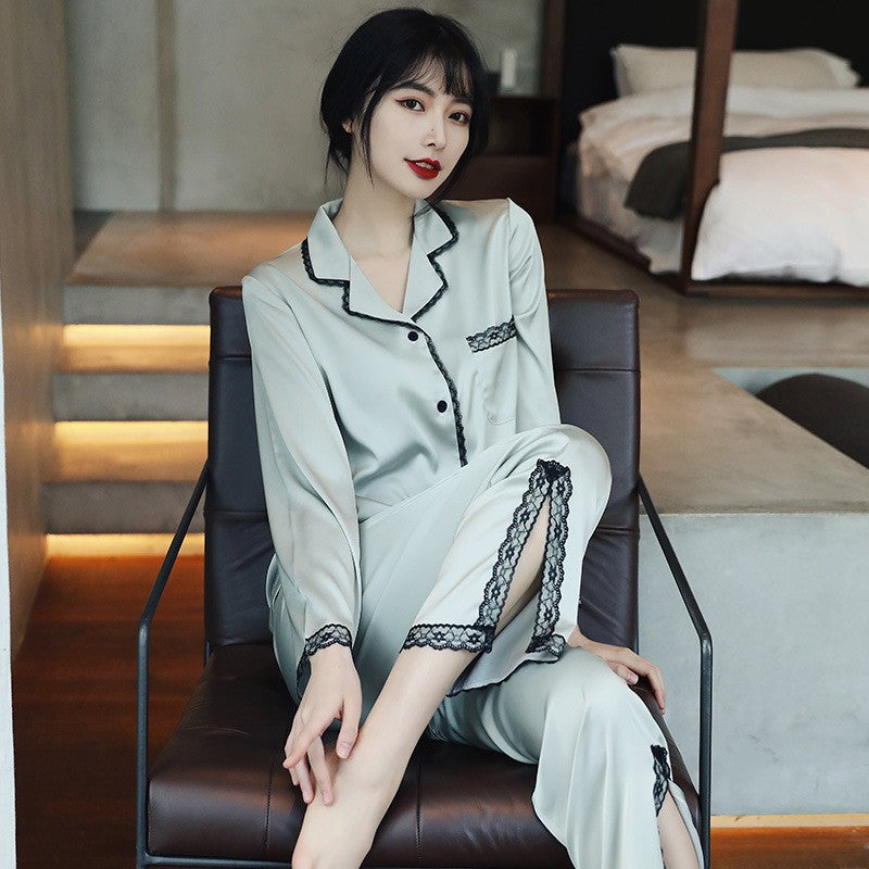 Lace 2PCS Sleepwear  Satin Pajamas Suit Summer Pajamas Casual Intimate Lingerie Long Sleeve Shirt Pants Lounge Wear