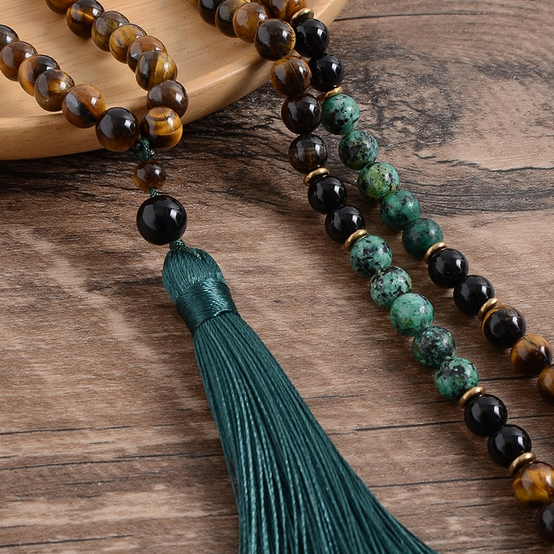 Yellow Tiger Eyes 8MM Turquesa Africana Black Onyx Japamala Set Meditation Yoga Spirit Jewelry 108 Mala Beaded Tassel Necklace