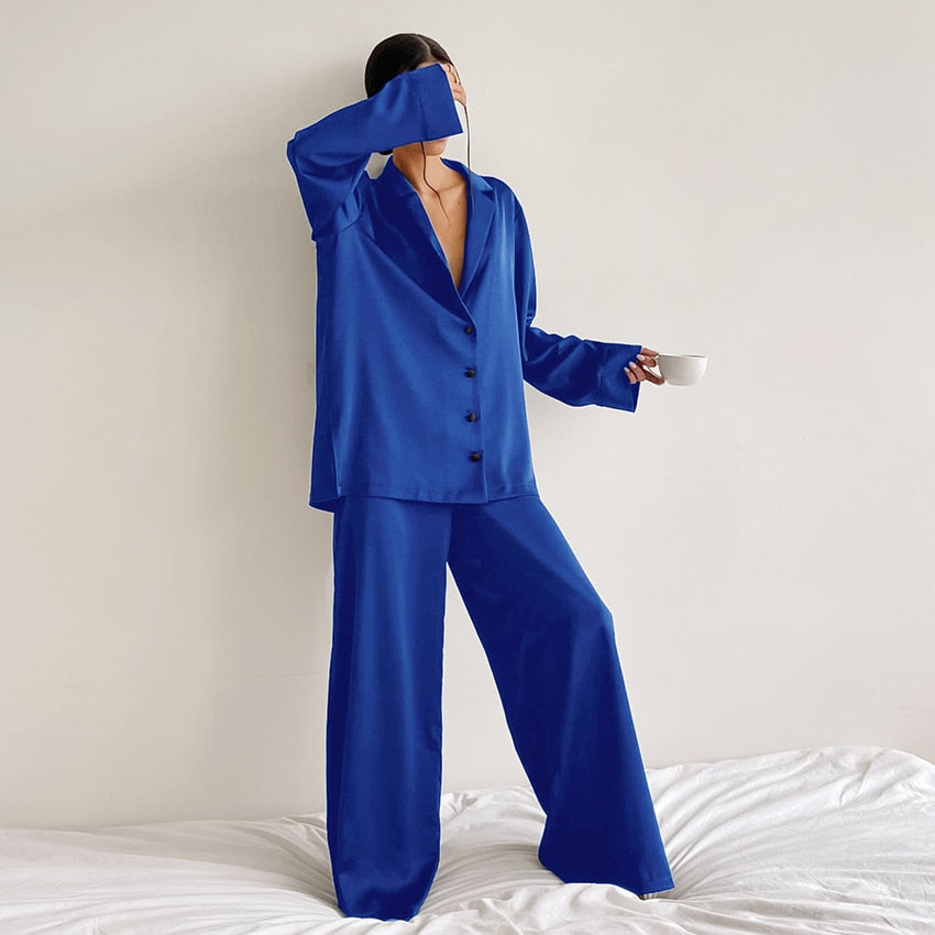 Hiloc Oversized Satin Silk Sleepwear Low Cut Sexy Pajamas Single-Breasted Long Sleeves Wide Leg Suits