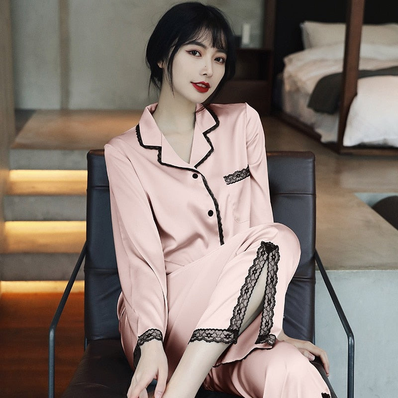 Lace 2PCS Sleepwear  Satin Pajamas Suit Summer Pajamas Casual Intimate Lingerie Long Sleeve Shirt Pants Lounge Wear