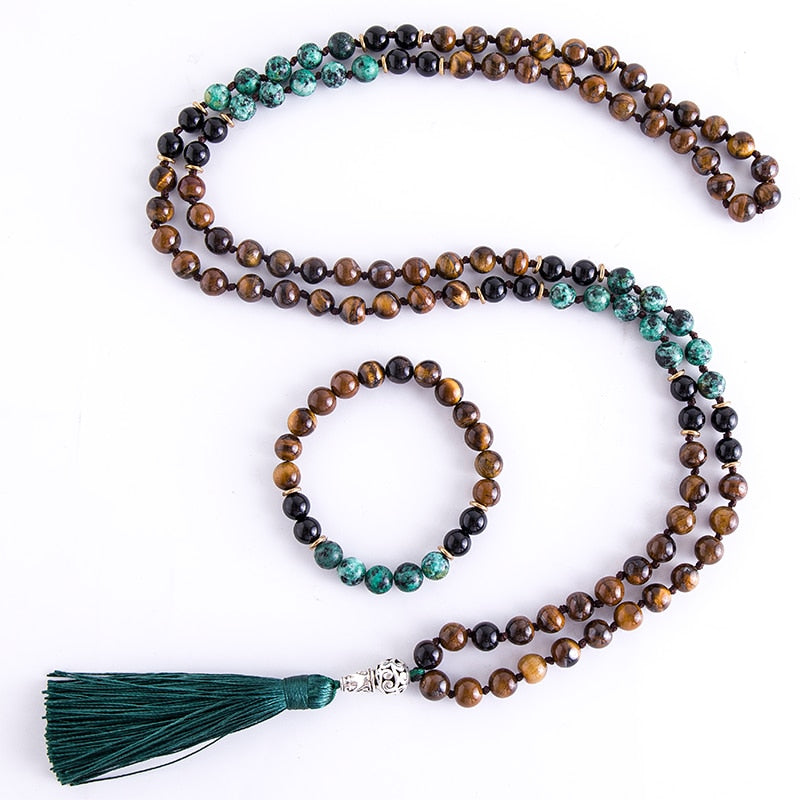 Yellow Tiger Eyes 8MM Turquesa Africana Black Onyx Japamala Set Meditation Yoga Spirit Jewelry 108 Mala Beaded Tassel Necklace