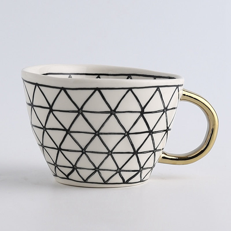 Hand Painted Geometric Ceramic Mugs With Gold Handle Handmade Irregular Cups For Coffee Tea Milk Oatmeal Creative Birthday Gifts