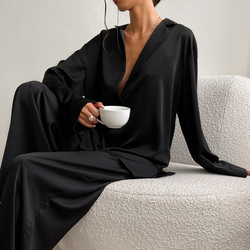 Hiloc Oversized Satin Silk Sleepwear Low Cut Sexy Pajamas Single-Breasted Long Sleeves Wide Leg Suits