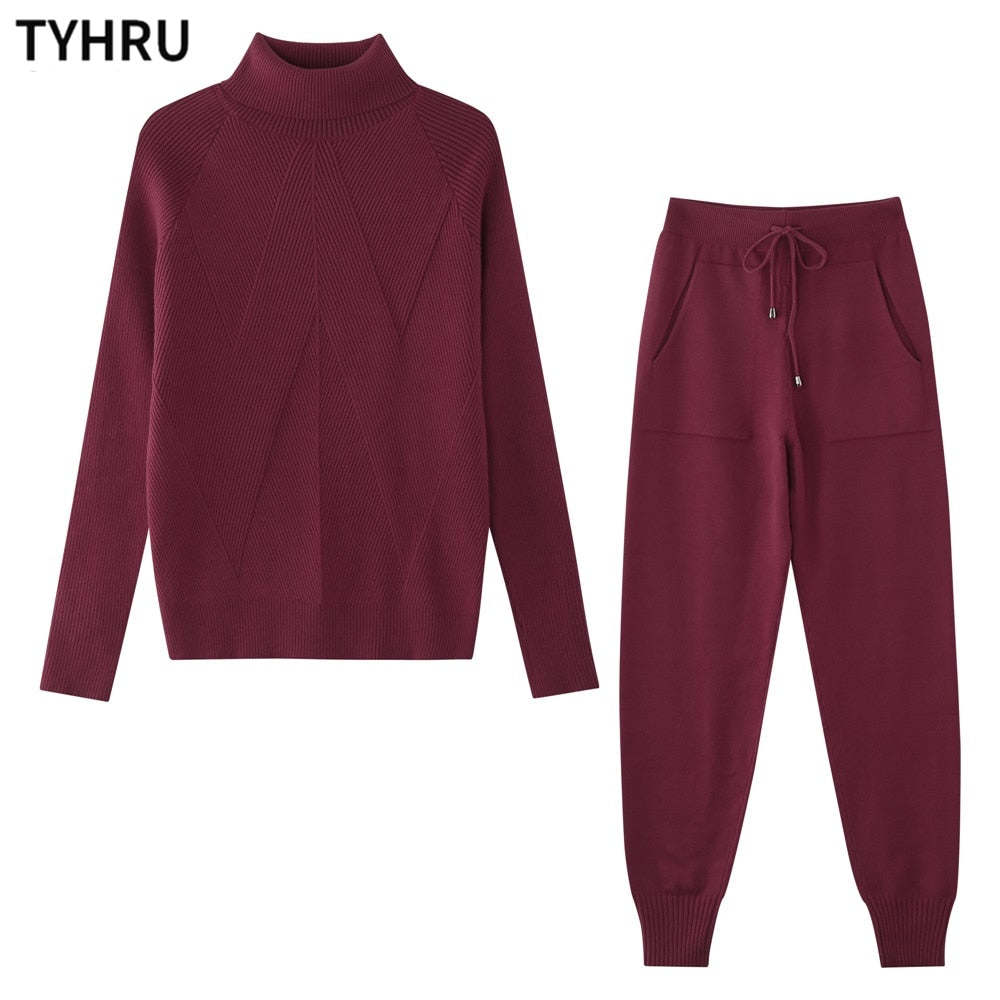 TYHRU Autumn Winter Women&#39;s tracksuit Solid Color Striped Turtleneck Sweater and Elastic Trousers Suits Knitted Two Piece Set