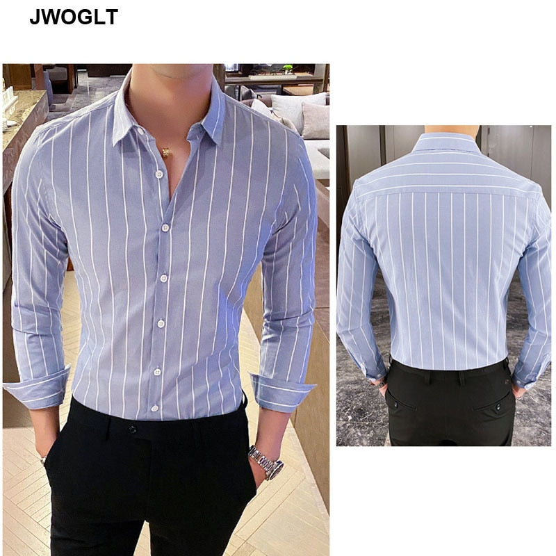 Korea Style Handsome Fashion Shirts Button Down Slim Fit Long Sleeve Striped Shirts