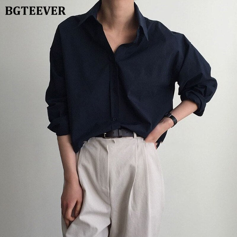 BGTEEVER  White Shirts Blouses  Turn-down Collar Single-Breasted Long Sleeve Shirts / Tops