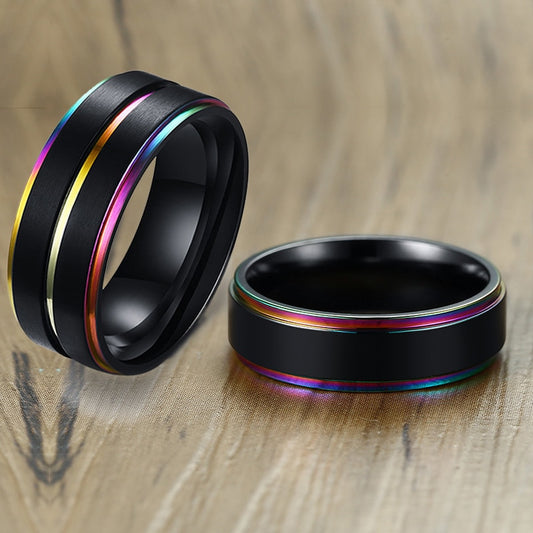 Vnox Black Stainless Steel Basic Ring for Men With Rainbow Line Classic Male Wedding Band Multi Color Jewelry Fraternal Rings