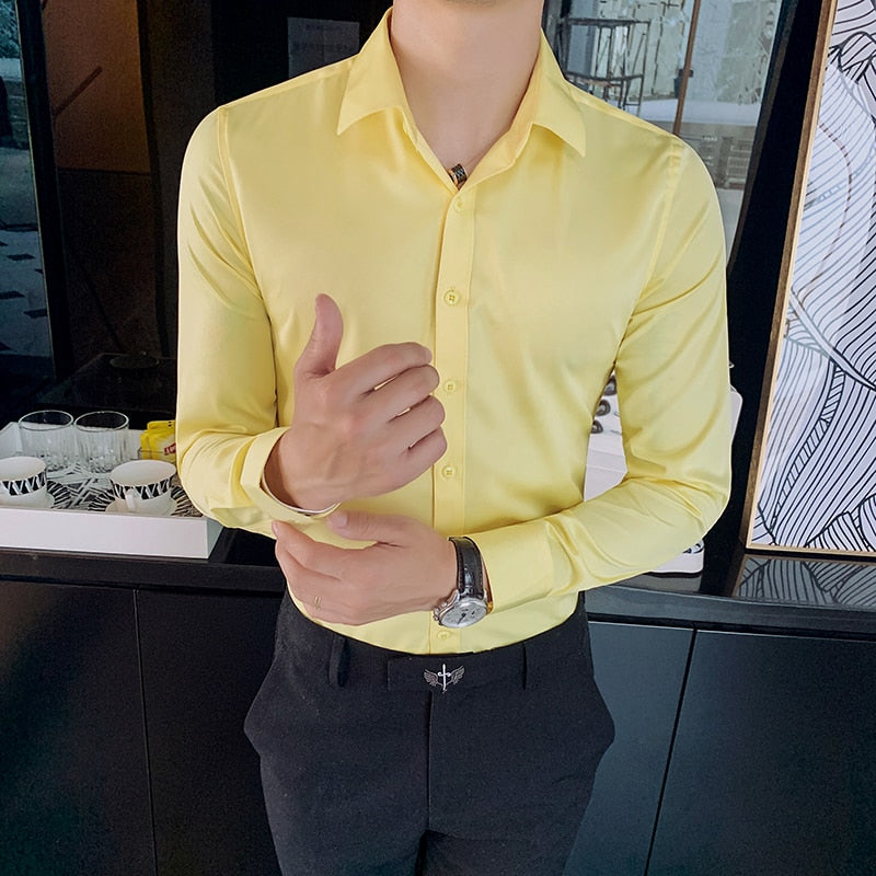 Shirt Long Sleeve Slim Fit Yellow Green White Casual Social Shirts