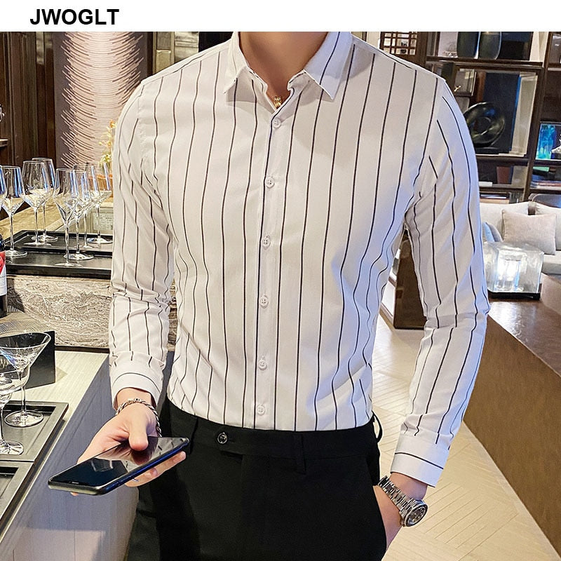 Korea Style Handsome Fashion Shirts Button Down Slim Fit Long Sleeve Striped Shirts