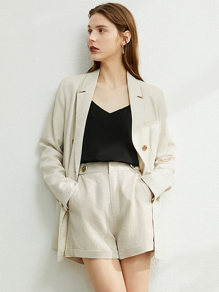 AMII Minimalism Women Solid Lapel Double Breasted Suit Coat High Waist Solid Pant Solid Short