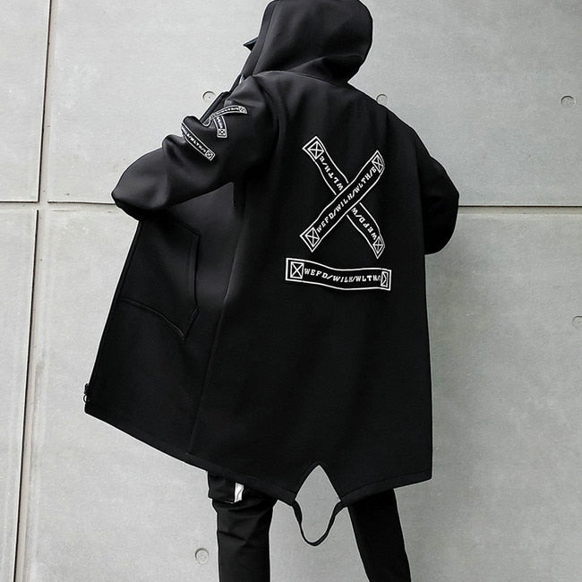 Hooded Jackets Print Harajuku Windbreaker Ribbon Overcoat Male / Unisex Casual Outwear Hip Hop Streetwear Coats LBZ155