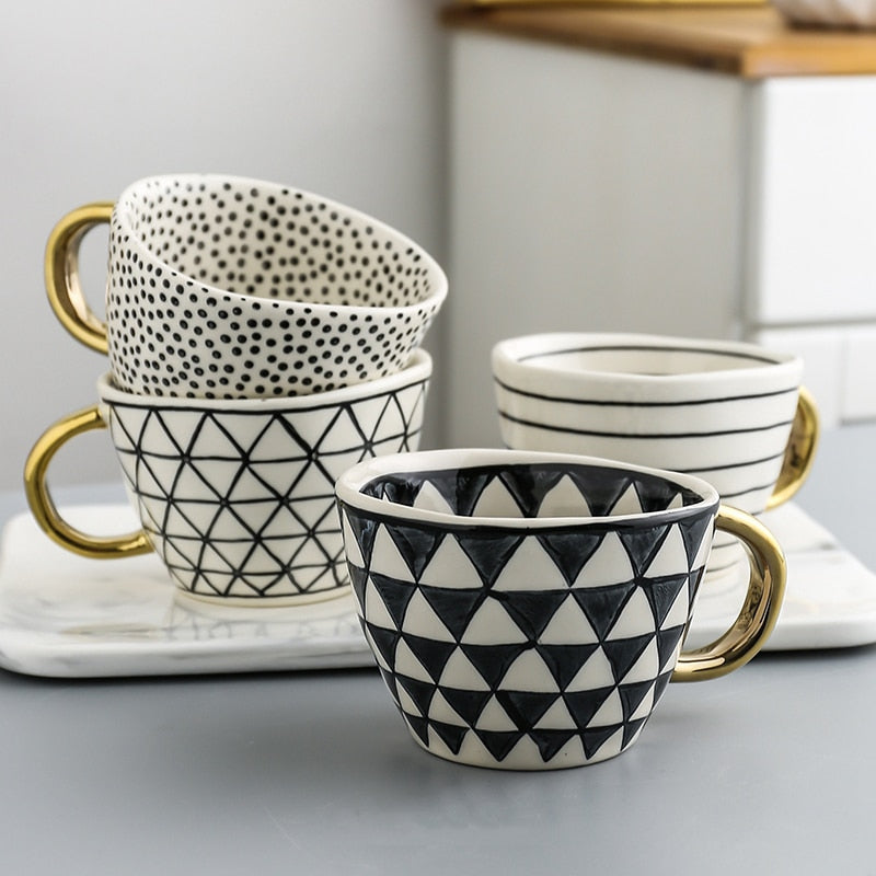 Hand Painted Geometric Ceramic Mugs With Gold Handle Handmade Irregular Cups For Coffee Tea Milk Oatmeal Creative Birthday Gifts