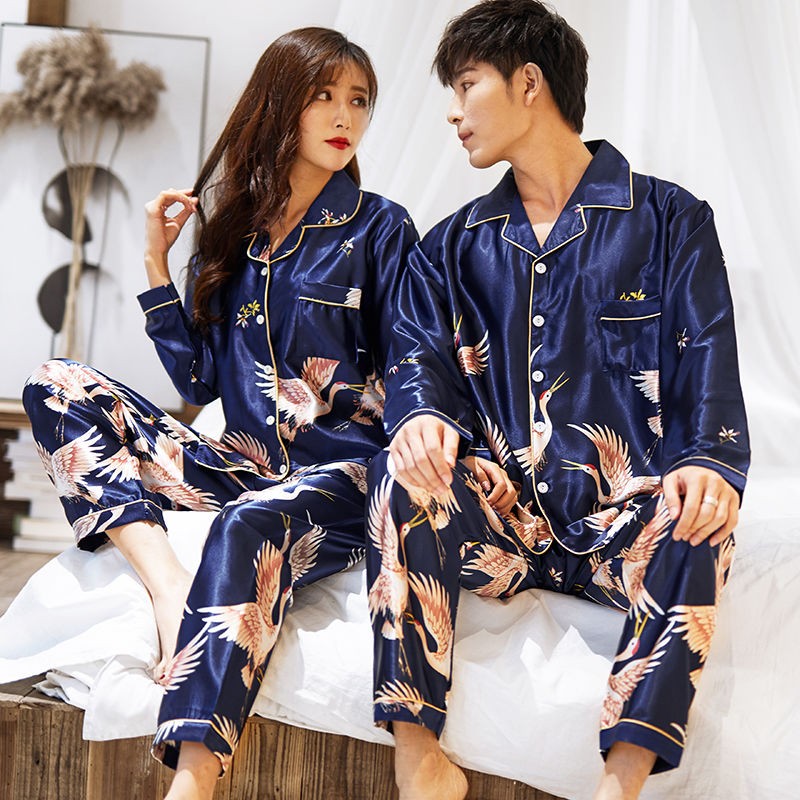 OVERSIZE Couples Print Pajamas Suit Shirt Pants Silky 2PCS Sleep Set Kimono Bathrobe Gown Casual Bridal Wedding Gift Nightwear