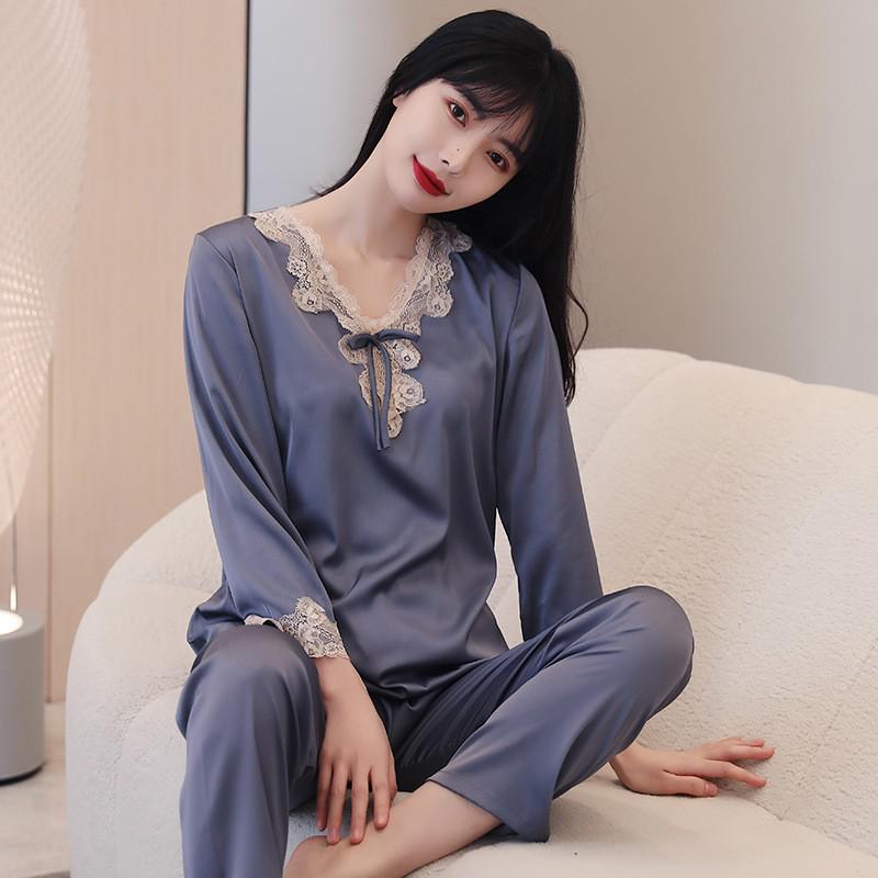 Lace 2PCS Sleepwear  Satin Pajamas Suit Summer Pajamas Casual Intimate Lingerie Long Sleeve Shirt Pants Lounge Wear