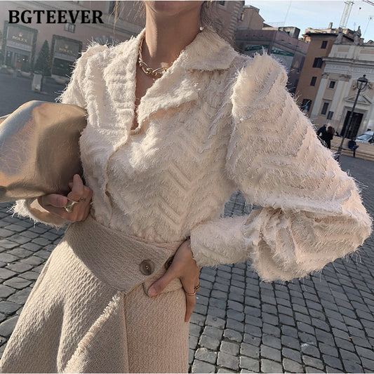 BGTEEVER Elegant Notched Collar Tassels Shirts, New Single-Breasted Shirts /Tops