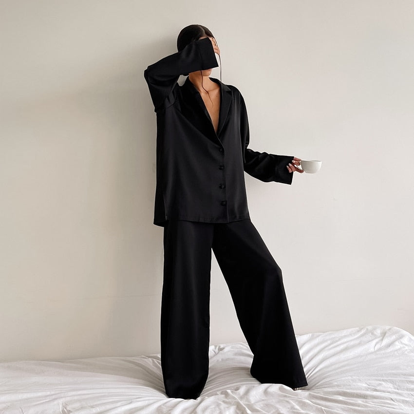 Hiloc Oversized Satin Silk Sleepwear Low Cut Sexy Pajamas Single-Breasted Long Sleeves Wide Leg Suits