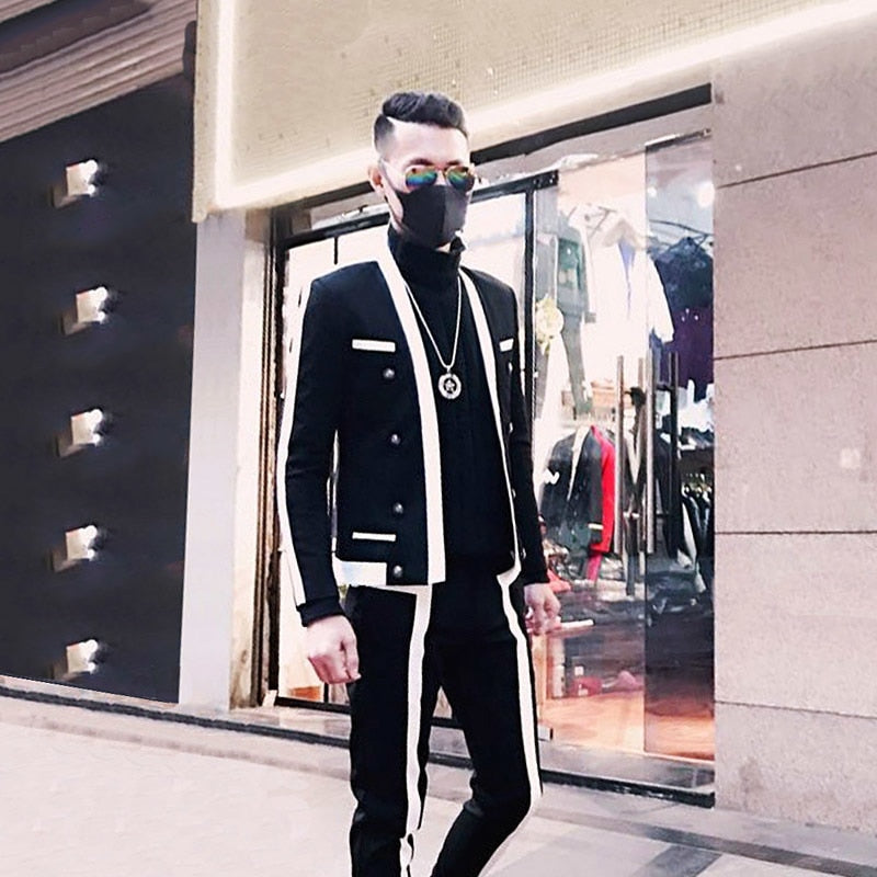 Contrast Stripe Black White Suit Wedding Suit Disguised Slim Fit Stage Outfit  Party Suit