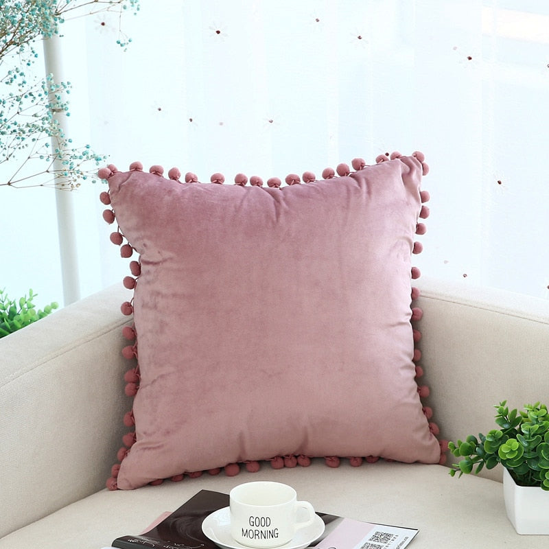 Pompom Velvet Cushion Cover Decorative Throw Cushion Covers Home Decor for Sofa Bedroom Pillowcase Pink Beige Pillow Cover