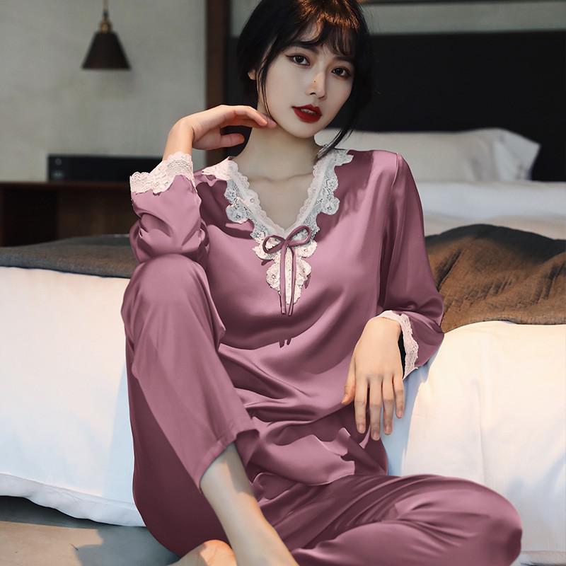 Lace 2PCS Sleepwear  Satin Pajamas Suit Summer Pajamas Casual Intimate Lingerie Long Sleeve Shirt Pants Lounge Wear