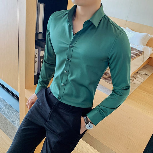 Shirt Long Sleeve Slim Fit Yellow Green White Casual Social Shirts