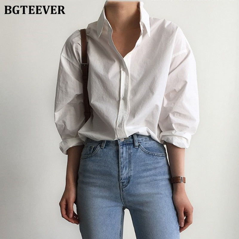 BGTEEVER  White Shirts Blouses  Turn-down Collar Single-Breasted Long Sleeve Shirts / Tops