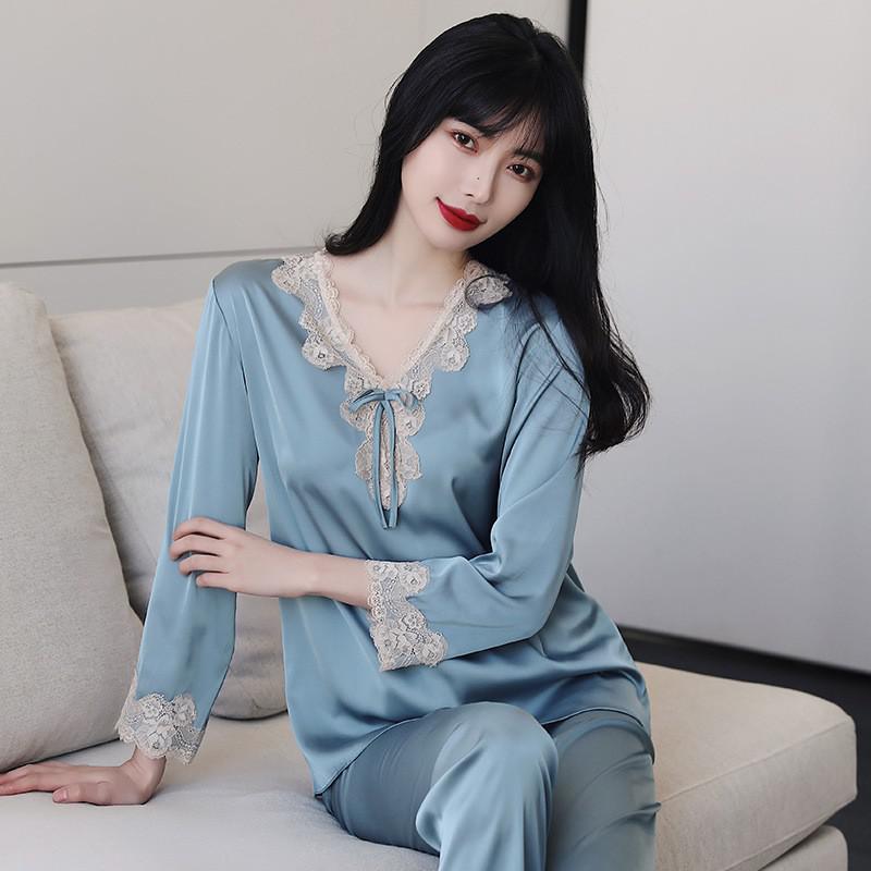 Lace 2PCS Sleepwear  Satin Pajamas Suit Summer Pajamas Casual Intimate Lingerie Long Sleeve Shirt Pants Lounge Wear