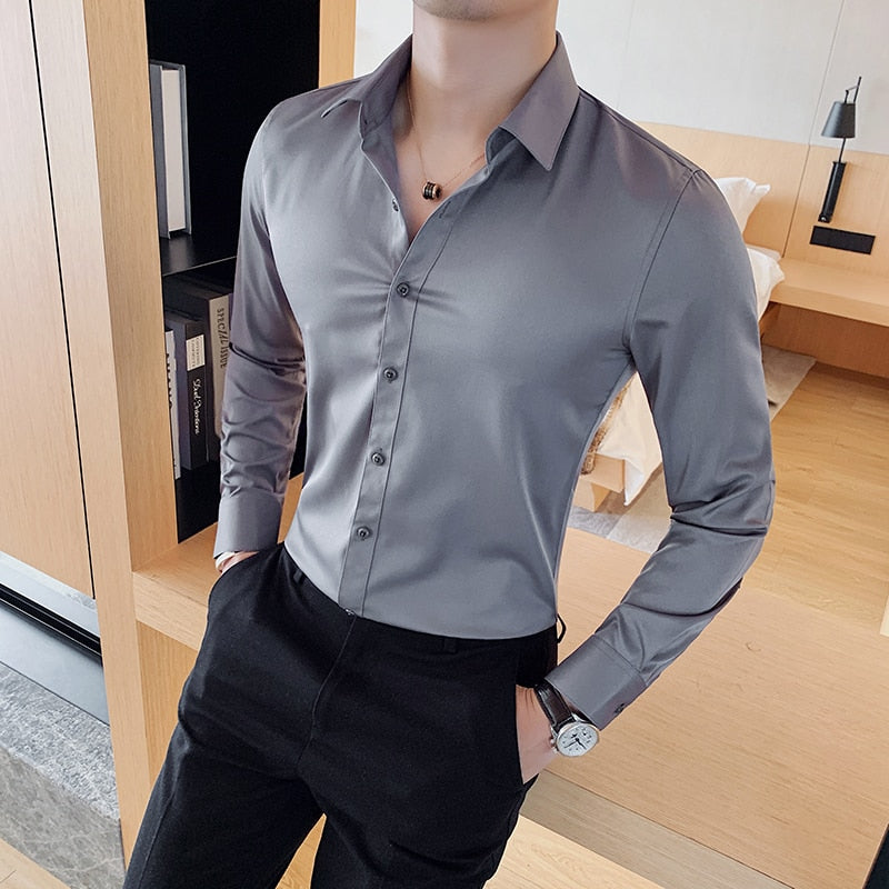 Shirt Long Sleeve Slim Fit Yellow Green White Casual Social Shirts