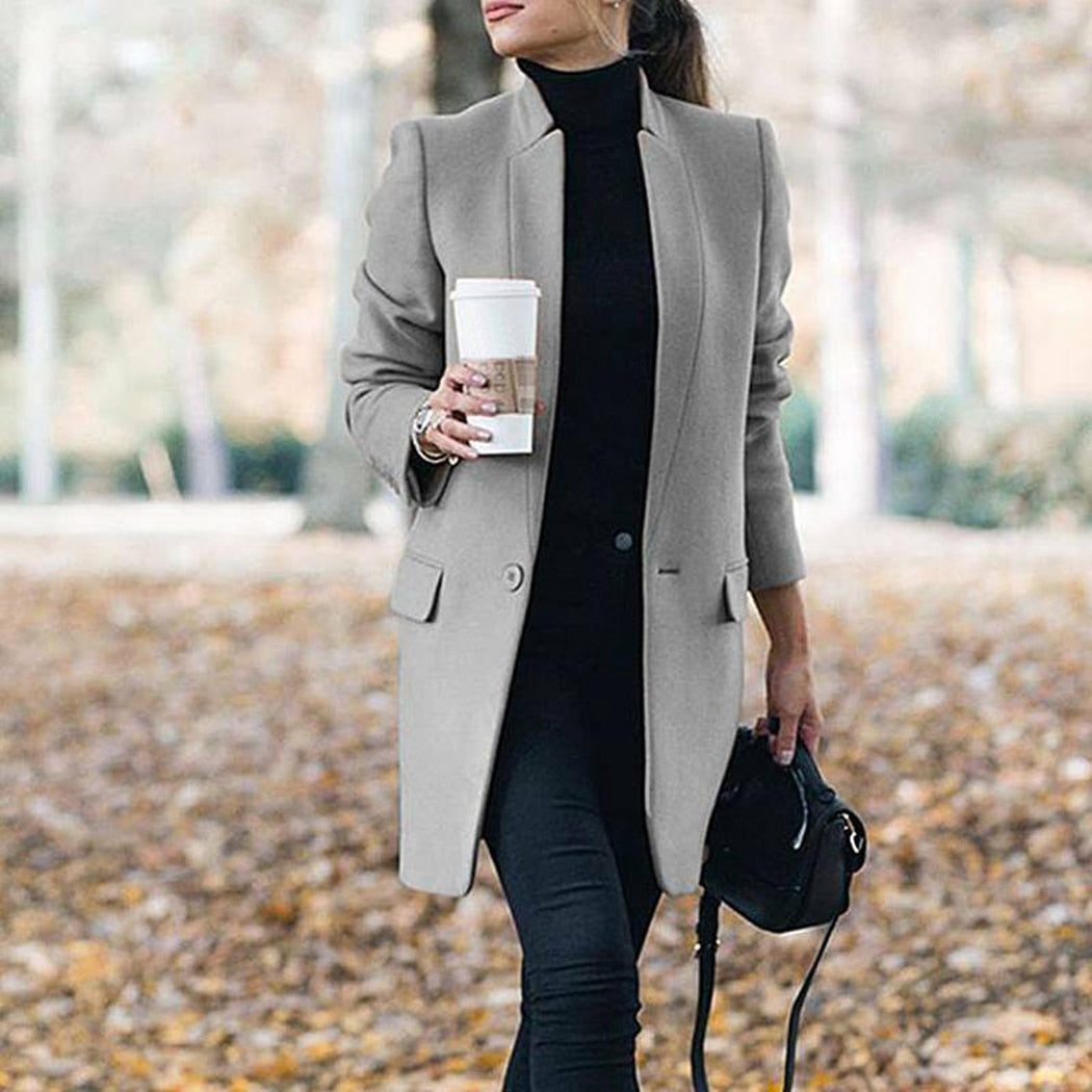 Women Trench Long Coat  Autumn Winter Lapel Long Sleeve Coats Office Ladies Solid Slim Overcoat Outwear Abrigo Mujer