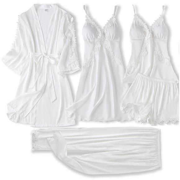 Satin Women Robe Set Sexy Nightdress Sleepwear Kimono Gown Lace PAJAMAS Intimate Lingerie Hollow Out Nighty&amp;Robe Suit