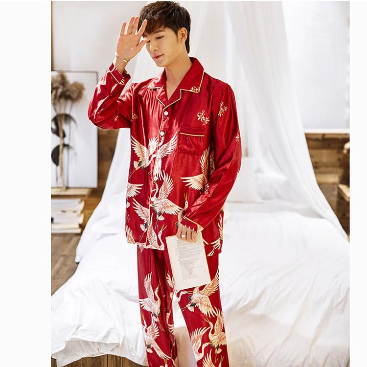 OVERSIZE Couples Print Pajamas Suit Shirt Pants Silky 2PCS Sleep Set Kimono Bathrobe Gown Casual Bridal Wedding Gift Nightwear